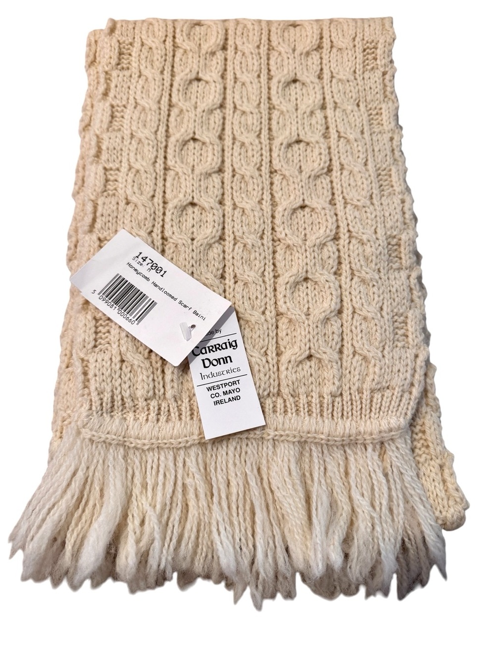 Carraig Donn Ireland Aran Cable Knit Scarf Baini Ivory Wool Deadstock VTG 90s